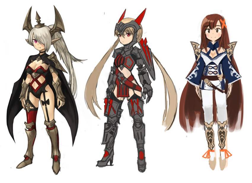 3girls armor armored_boots bare_shoulders black_bow blonde_hair blue_shirt blush boots bow breasts brown_eyes brown_hair cleavage fang flower hair_flower hair_ornament headgear high_heels large_breasts long_hair long_sleeves midriff multiple_girls navel original pants pink_eyes pointy_ears ponytail red_eyes red_legwear shirt silver_hair single_thighhigh sketch sookmo thigh-highs thigh_boots twintails white_pants