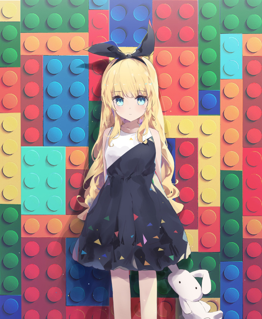 1girl :| abstract_background absurdres against_wall animal_ears arms_behind_back bangs bare_arms bare_legs black_dress blonde_hair blue_eyes breasts bunny_girl child closed_mouth collarbone commentary dress english_commentary expressionless eyebrows_visible_through_hair headband highres holding holding_stuffed_animal lego light_particles long_hair looking_at_viewer multicolored multicolored_background multicolored_clothes multicolored_dress original patterned patterned_clothing rabbit_ears shiny shiny_hair sidelocks sleeveless sleeveless_dress small_breasts solo standing stuffed_animal stuffed_bunny stuffed_toy tr_(hareru) wavy_hair