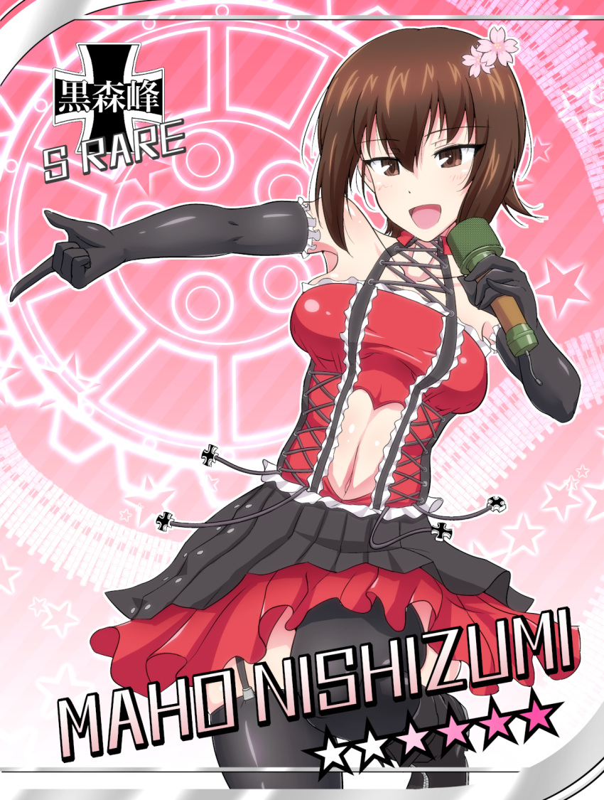 1girl :d bangs black_footwear black_gloves black_legwear boots breasts brown_eyes brown_hair card_(medium) card_parody character_name cinderella_girls_card_parody dress elbow_gloves emblem flower frilled_gloves frills garter_straps gears girls_und_panzer gloves hair_flower hair_ornament highres holding holding_microphone idol idolmaster idolmaster_cinderella_girls iron_cross kuromorimine_(emblem) layered_dress leaning_to_the_side leg_up looking_at_viewer medium_breasts microphone muchabou navel nishizumi_maho open_mouth parody pointing red_dress short_hair smile solo standing standing_on_one_leg star thigh-highs