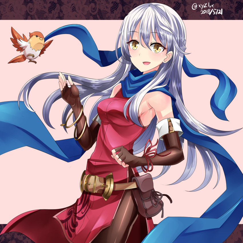 1girl :d armpits bangle bare_shoulders belt bird black_gloves blue_scarf bracelet breasts dress elbow_gloves fingerless_gloves fire_emblem fire_emblem:_akatsuki_no_megami fire_emblem_heroes gloves half_updo hebitsukai-san highres jewelry long_hair micaiah open_mouth pantyhose ribbon scarf side_slit silver_hair sleeveless sleeveless_dress smile solo twitter_username yellow_eyes yune