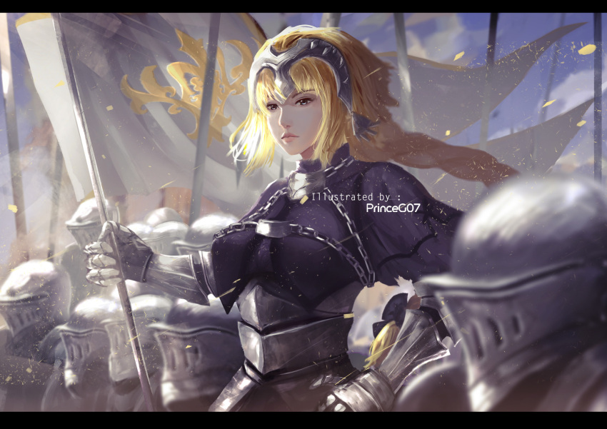 1girl armor armored_dress army battle blonde_hair blue_bow blue_dress blue_eyes bow braid capelet chains closed_mouth dress fate/apocrypha fate/grand_order fate_(series) faulds flag gauntlets george_christian headpiece highres holding holding_flag holding_spear holding_weapon jeanne_d'arc_(fate) jeanne_d'arc_(fate)_(all) landscape long_braid long_hair painting plackart polearm single_braid soldier spear standard_bearer weapon