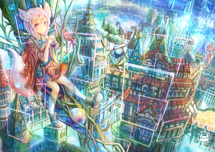 1girl ahoge animal_ears blush boots brown_footwear camera closed_mouth eyebrows_visible_through_hair holding holding_camera kneehighs kutsunohito looking_at_viewer original outdoors pink_eyes pink_hair scenery short_hair sitting smile solo tree white_legwear