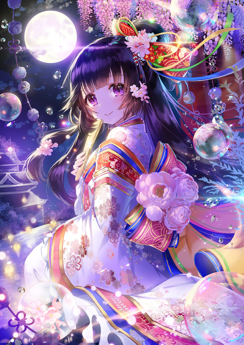 1girl apple_caramel architecture bangs black_hair blue_kimono blush bow bubble character_request closed_mouth commentary_request east_asian_architecture eyebrows_visible_through_hair fingernails floral_print flower full_moon hair_bow hair_flower hair_ornament head_tilt highres holding japanese_clothes kimono layered_clothing layered_kimono long_hair long_sleeves looking_at_viewer looking_to_the_side moon night night_sky official_art original outdoors pink_flower print_kimono red_bow sitting sky smile solo very_long_hair violet_eyes wide_sleeves
