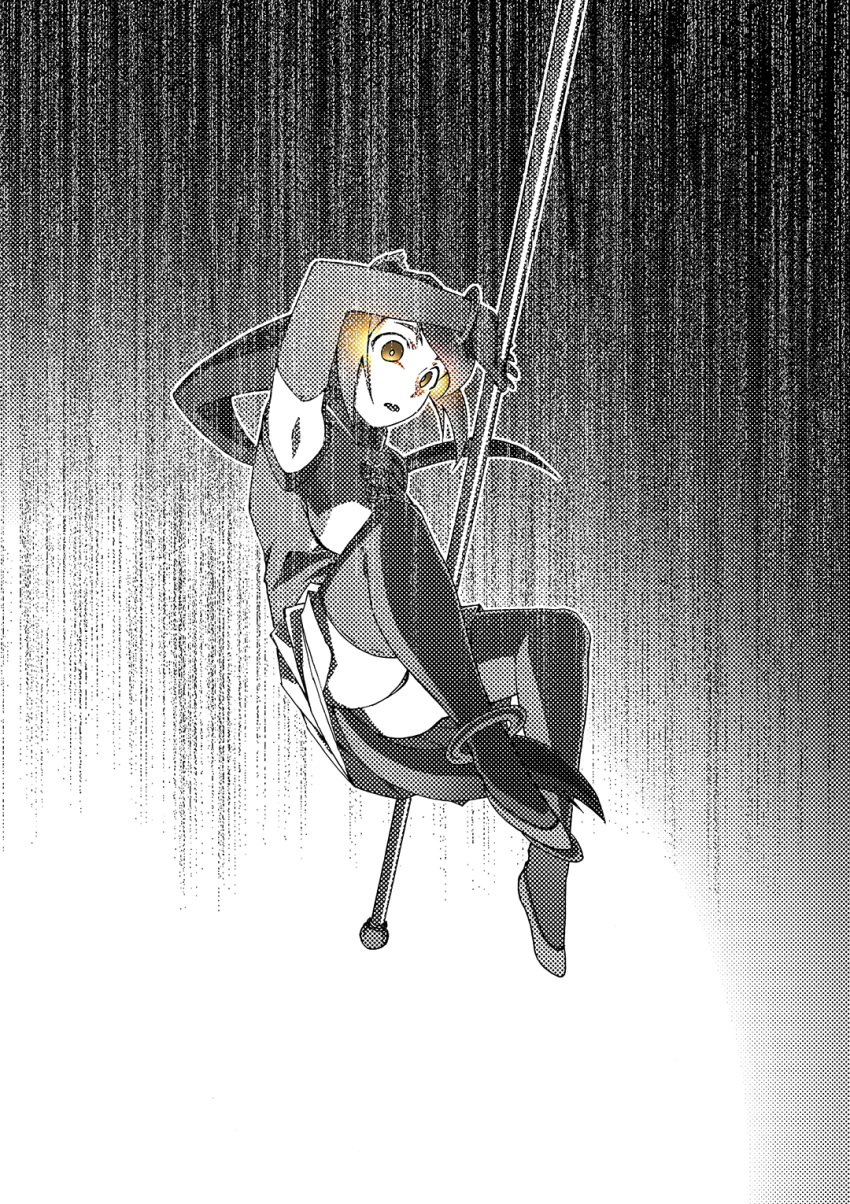 1girl animal_ears anklet bangs bracelet brown_eyes commentary elbow_gloves emphasis_lines flats gloves golden_snub-nosed_monkey_(kemono_friends) greyscale halftone highres holding holding_weapon jewelry jumping kaya_(nari1-24) kemono_friends long_hair monkey_ears monochrome pantyshot_(jumping) parted_lips pole shirt skirt sleeveless sleeveless_shirt solo spot_color tail thigh-highs weapon