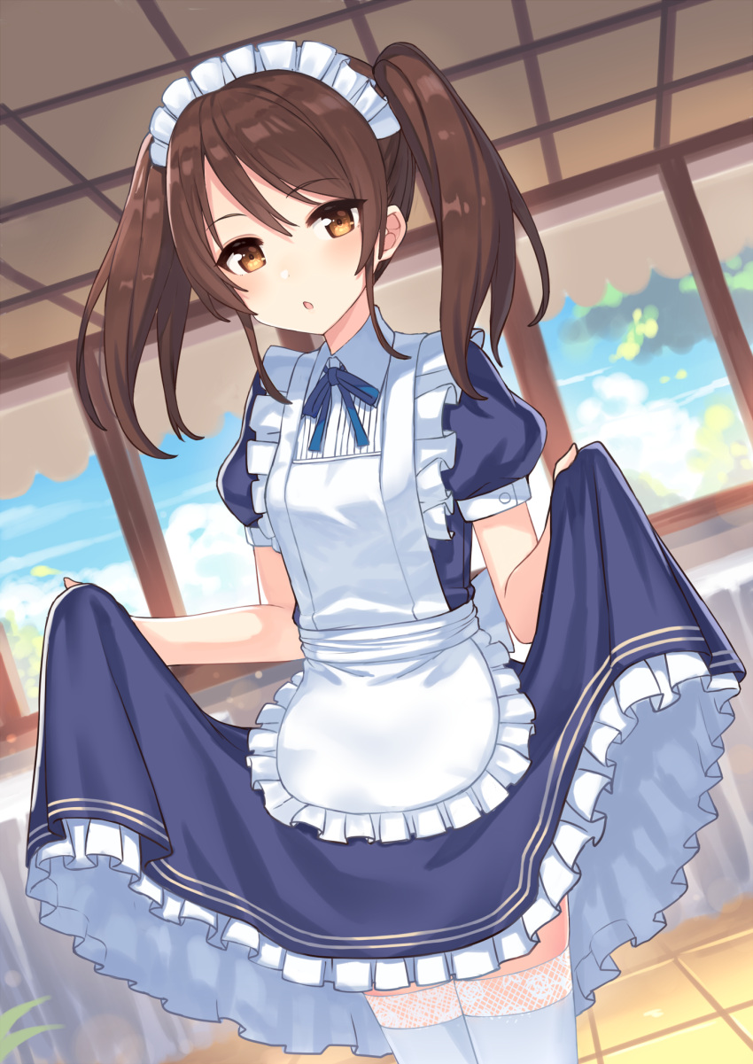1girl apron bangs blue_dress blue_sky blurry blurry_background blush brown_eyes brown_hair clouds cloudy_sky commentary_request day depth_of_field dress dutch_angle eyebrows_visible_through_hair frilled_apron frills hair_between_eyes hajime_kaname highres indoors long_hair looking_at_viewer maid maid_apron maid_headdress original parted_lips puffy_short_sleeves puffy_sleeves short_sleeves skirt_hold sky solo thigh-highs twintails white_apron white_legwear