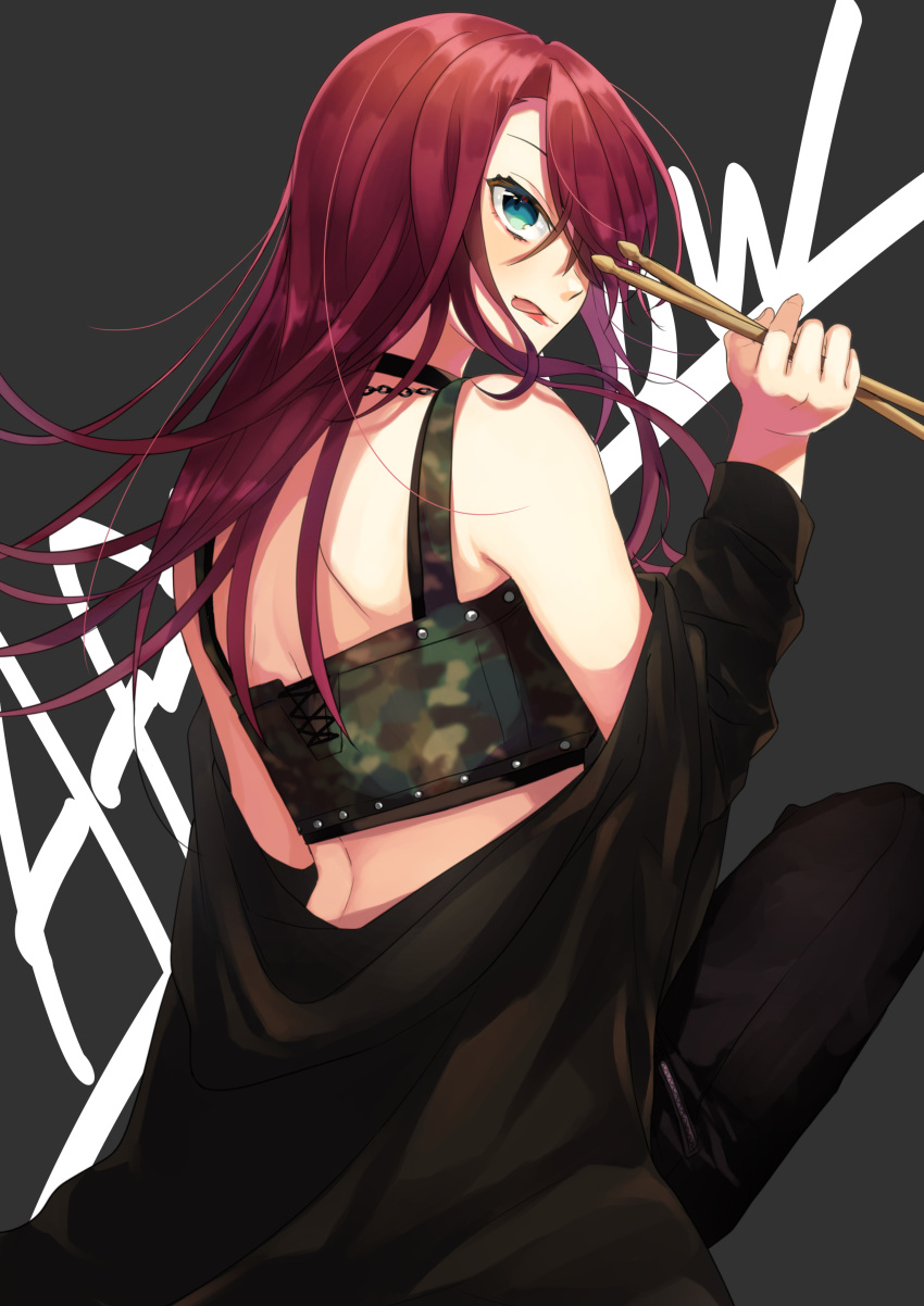 1girl absurdres aqua_eyes bang_dream! black_choker black_jacket black_pants bra camouflage camouflage_bra chain_necklace choker drumsticks from_behind grey_background group_name hair_over_one_eye hand_up highres holding jacket long_hair looking_at_viewer off_shoulder open_mouth pants redhead shinotarou_(nagunaguex) sitting solo tongue tongue_out udagawa_tomoe underwear