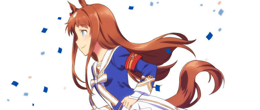 1girl animal_ears armband artist_request blue_eyes brown_hair eyebrows_visible_through_hair from_side grass_wonder hair_ribbon highres horse_ears horse_tail long_hair multicolored_hair neck_ribbon official_art ribbon solo tail two-tone_hair umamusume white_background
