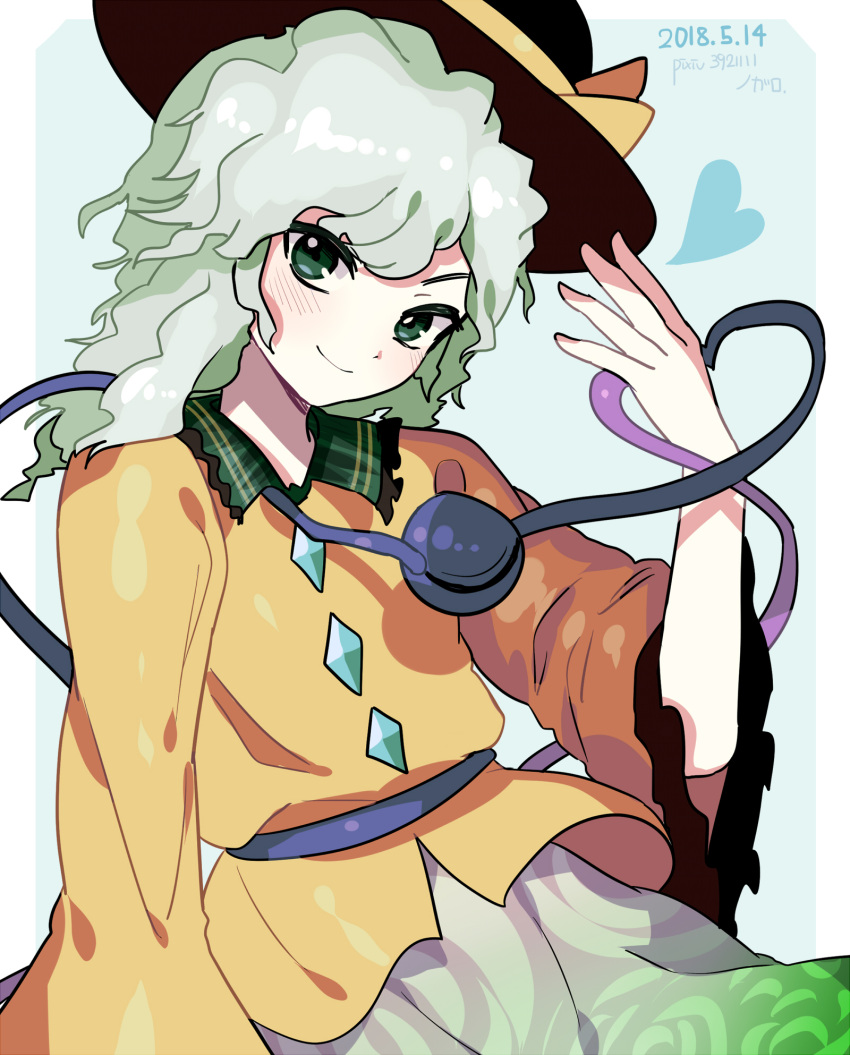 1girl 2018 artist_name asuku_(69-1-31) bangs bare_arms black_hat blush bowler_hat closed_mouth collared_shirt dated diamond_(shape) eyeball floral_print frilled_shirt_collar frilled_sleeves frills green_eyes green_hair green_skirt hand_up hat hat_ribbon head_tilt heart highres komeiji_koishi long_hair long_sleeves looking_at_viewer orange_ribbon orange_shirt pixiv_id ribbon rose_print shirt skirt smile solo third_eye touhou wide_sleeves