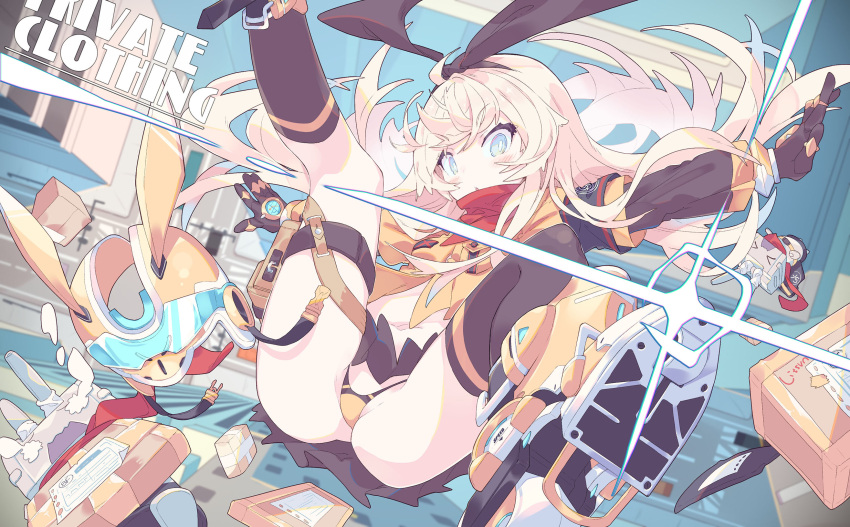 1girl alternate_costume ass black_gloves black_skirt blonde_hair blue_eyes blush box breasts eyebrows_visible_through_hair floating_hair gloves highres kantai_collection litsvn long_hair miniskirt outstretched_arms parted_lips pleated_skirt rensouhou-chan shimakaze_(kantai_collection) skirt small_breasts solo spread_arms