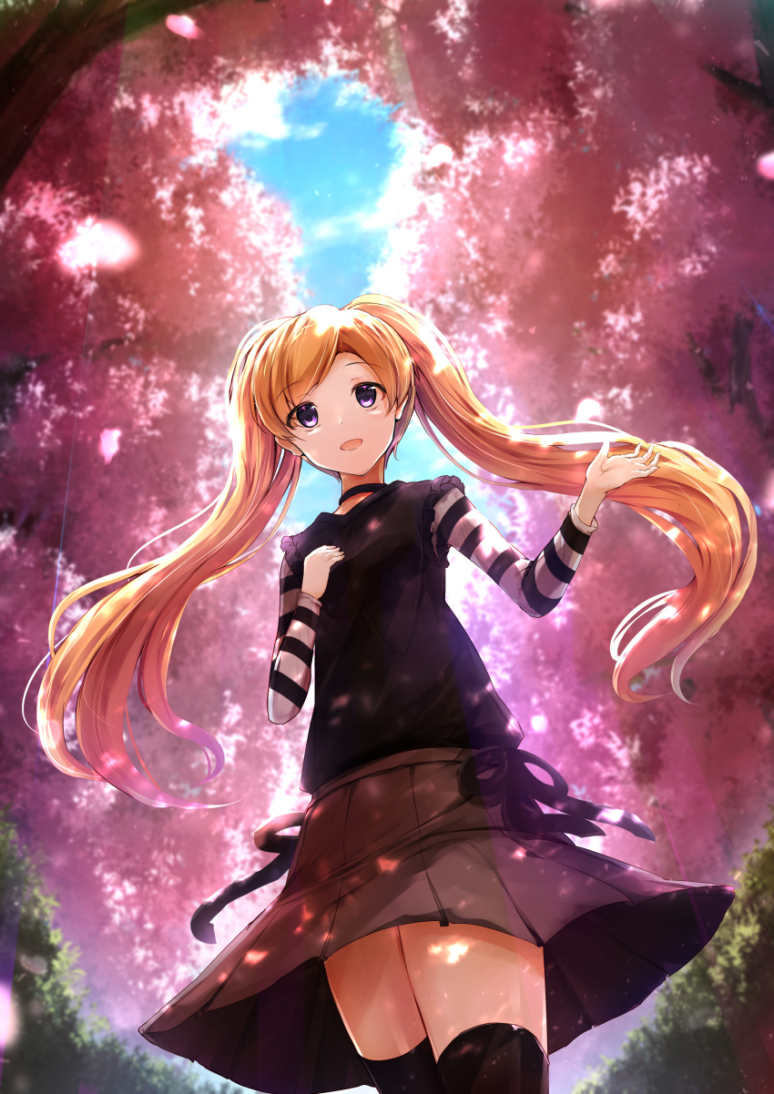 1girl absurdres bangs black_legwear blonde_hair blush cherry_blossoms commentary_request dress emily_stewart eyebrows_visible_through_hair highres idolmaster idolmaster_million_live! long_hair open_mouth outdoors petals ro_risu sketch smile solo striped_sleeves thigh-highs twintails violet_eyes