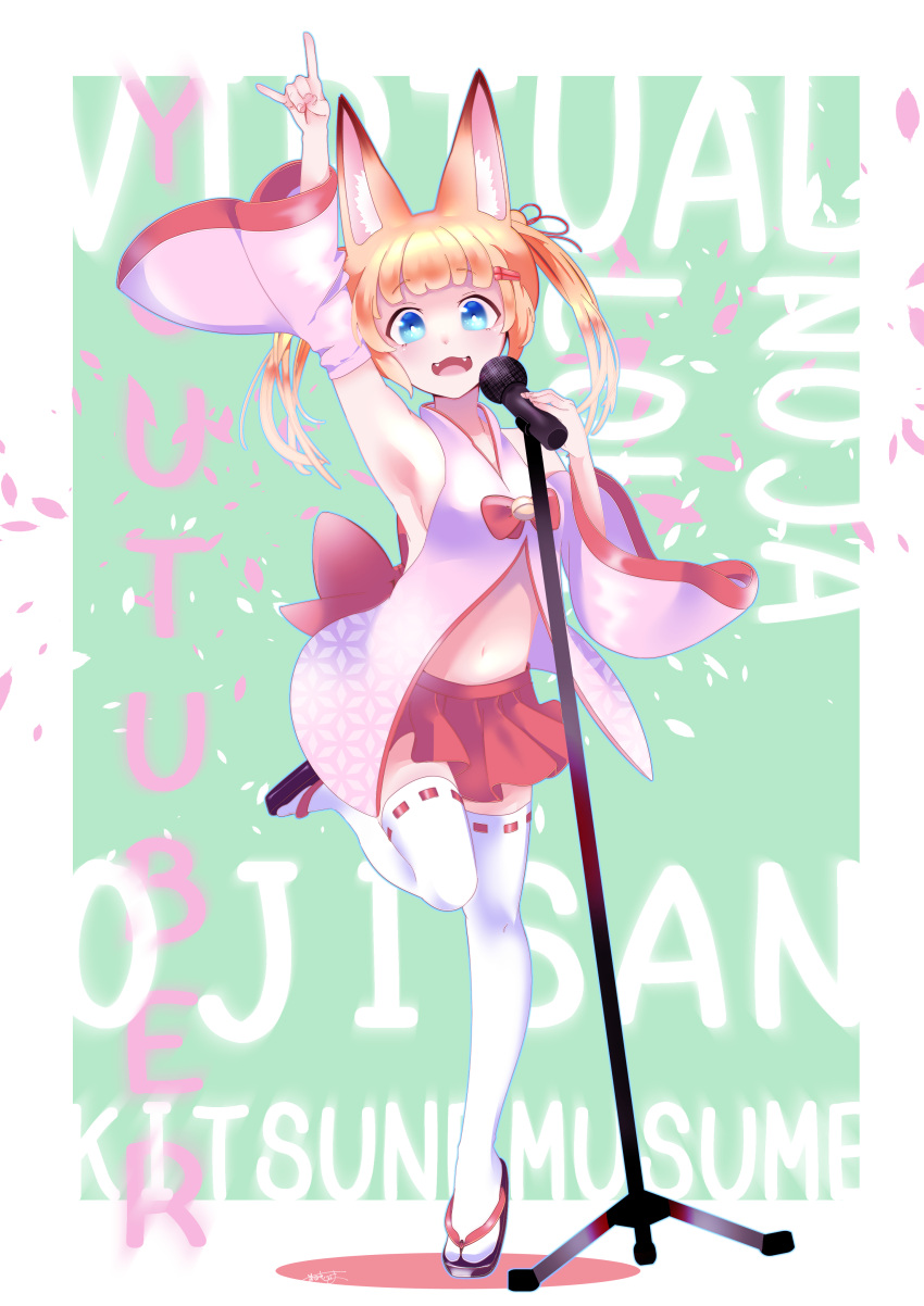 1girl absurdres animal_ears arm_up armpits bell blonde_hair blue_eyes cha_tanaka_kurowa detached_sleeves fangs fox_ears fox_shadow_puppet hair_ornament hairclip highres jingle_bell kemomimi_oukoku_kokuei_housou leg_lift long_hair microphone microphone_stand mikoko_(kemomimi_oukoku_kokuei_housou) miniskirt open_mouth pink_shirt red_skirt sandals shirt skirt smile solo standing standing_on_one_leg thigh-highs twintails virtual_youtuber white_legwear