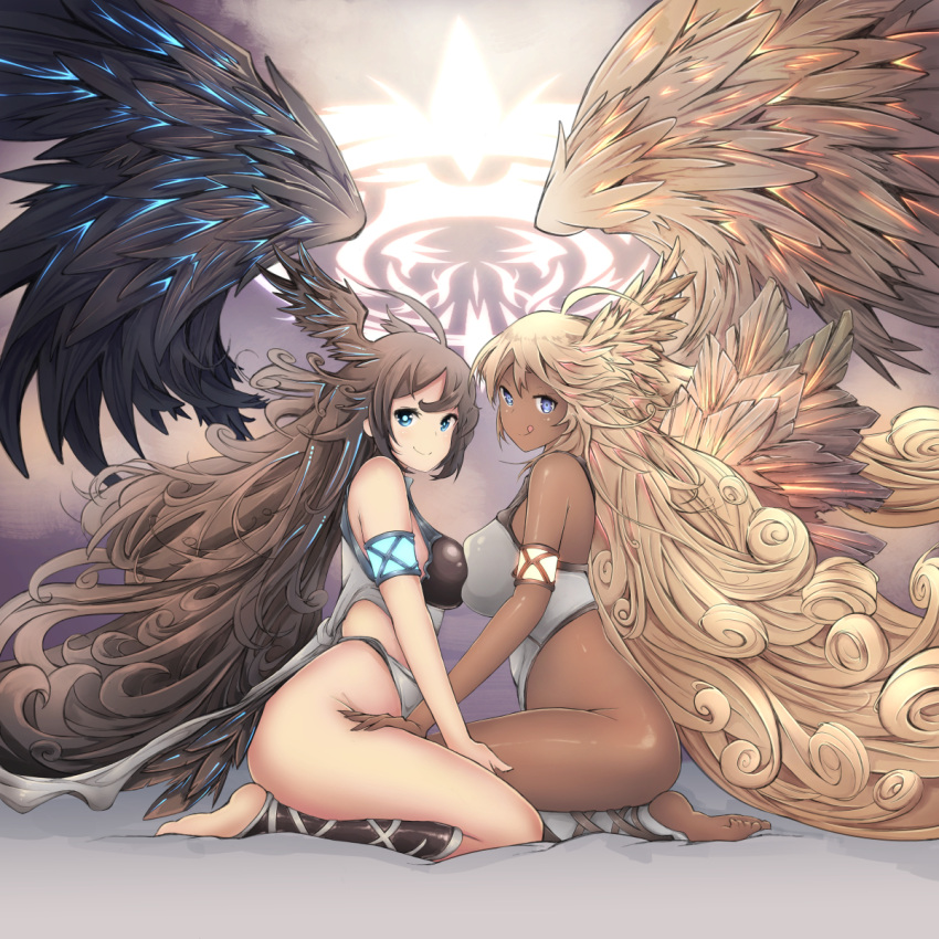 2girls :q ahoge angel armlet bangs bare_shoulders barefoot beetarp blonde_hair blue_eyes blush breast_press breasts brown_hair curly_hair dark_skin feathered_wings full_body granblue_fantasy harut_(granblue_fantasy) head_wings highres large_breasts leotard long_hair looking_at_viewer marut_(granblue_fantasy) multiple_girls seiza sitting smile symmetrical_docking thighs tongue tongue_out very_long_hair wings