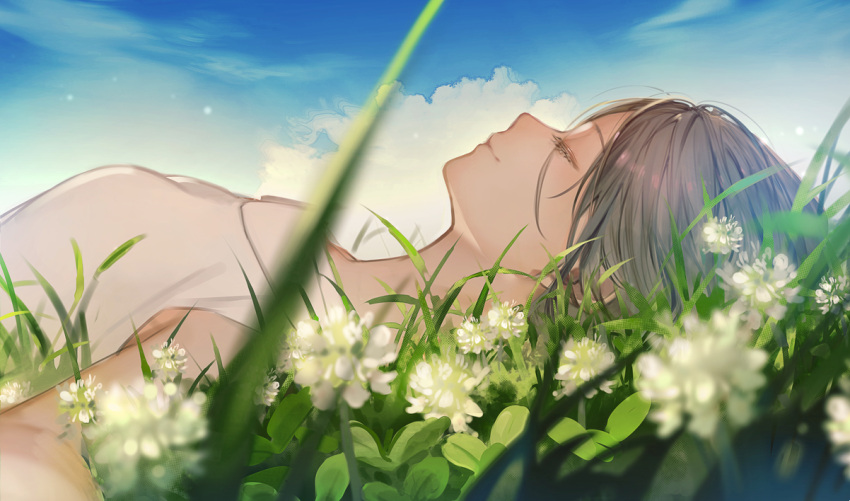 1girl blurry breasts brown_hair closed_eyes clouds clover clover_(flower) collared_shirt commentary_request depth_of_field field flower from_side grass lying meadow on_back on_grass on_ground original outdoors reward_available shirt sleeveless sleeveless_shirt small_breasts smile solo umiu_geso upper_body white_shirt