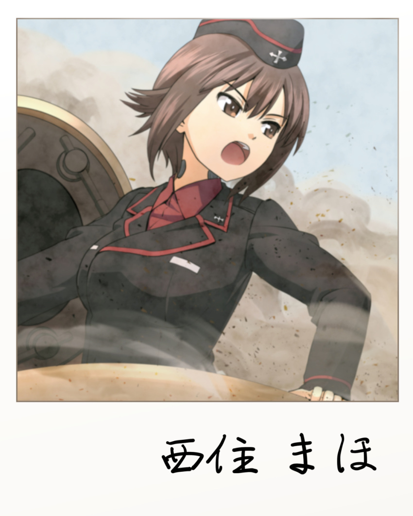 1girl arm_support bangs black_hat black_jacket blurry brown_eyes brown_hair character_name dress_shirt dust_cloud garrison_cap girls_und_panzer haniwa_(leaf_garden) hat highres jacket kuromorimine_military_uniform long_sleeves looking_to_the_side military military_hat military_uniform nishizumi_maho outdoors photo_(object) polaroid red_shirt shirt short_hair signature sky smoke solo tank_cupola throat_microphone uniform v-shaped_eyebrows