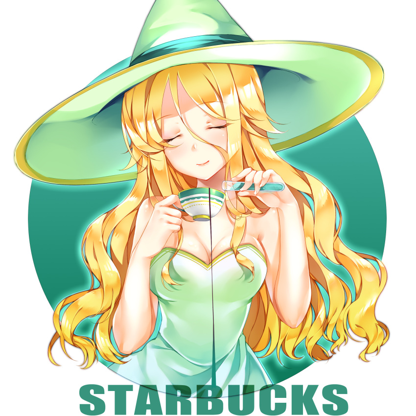 1girl absurdres bare_shoulders blonde_hair blush breasts cleavage closed_eyes closed_mouth coffee coffee_cup collarbone cup disposable_cup eyebrows_visible_through_hair facing_viewer green_hat green_ribbon hat hat_ribbon highres holding holding_cup long_hair medium_breasts ribbon smile solo sorceress starbucks tei_(52137) test_tube upper_body