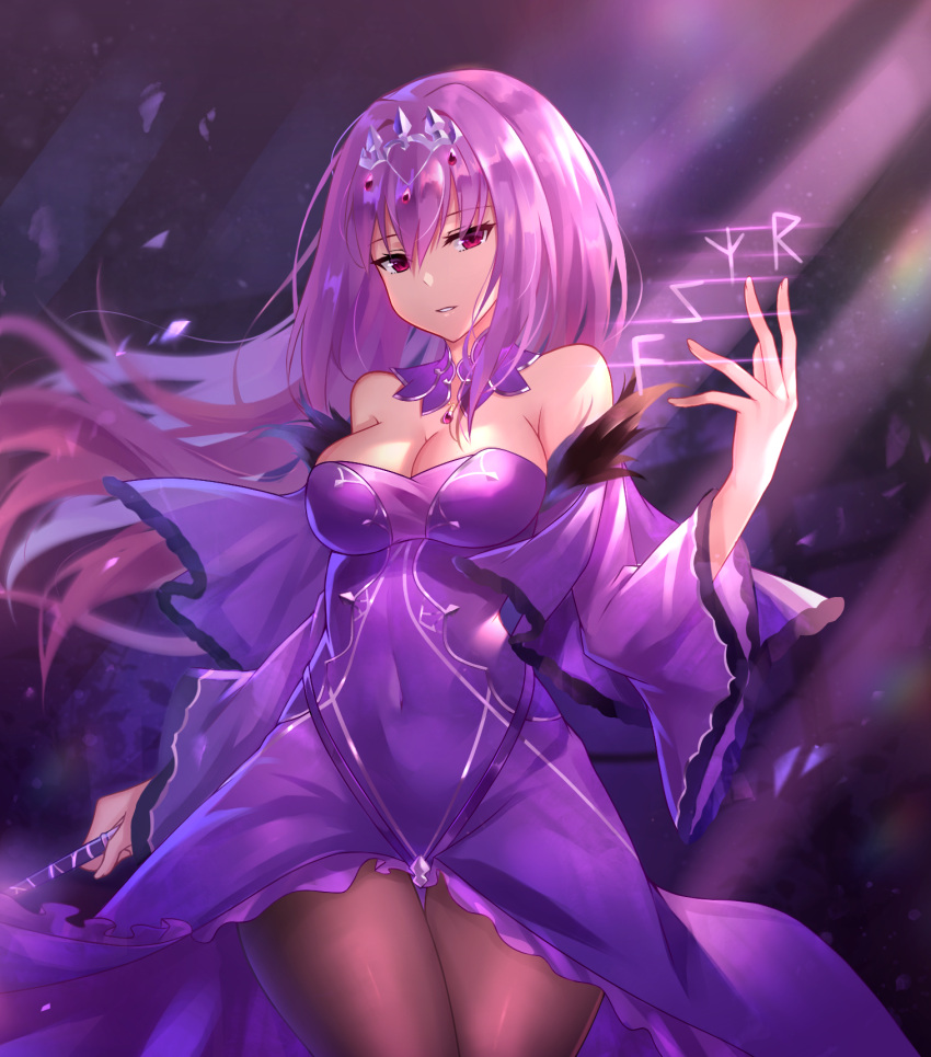 1girl bare_shoulders black_fire_(peter02713) black_legwear bow breasts caster_(lostbelt) cleavage detached_collar eyebrows_visible_through_hair fate/grand_order fate_(series) hair_bow highres looking_at_viewer medium_breasts pantyhose red_eyes runes solo thigh_gap tiara violet_eyes wide_sleeves