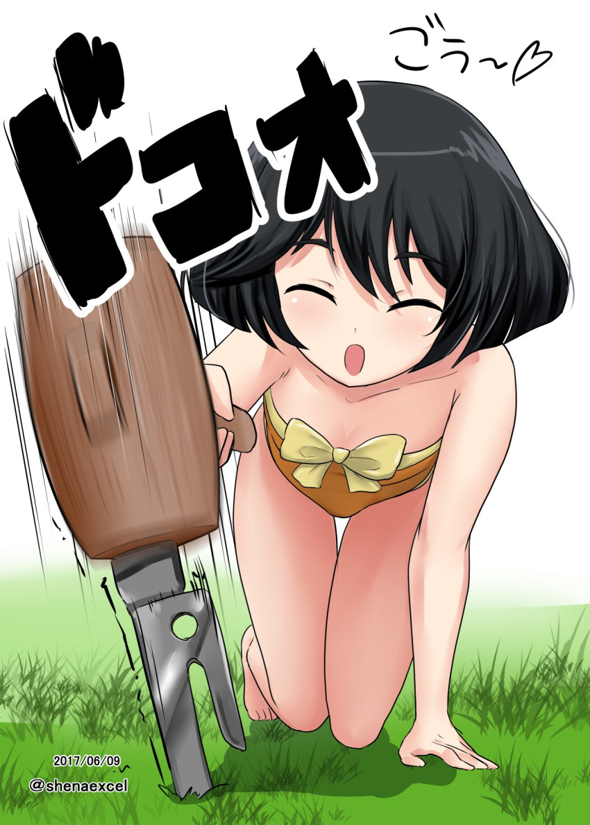 1girl ^_^ arm_support bangs black_hair blurry blurry_background bow_swimsuit closed_eyes commentary dated excel_(shena) facing_viewer girls_und_panzer grass highres holding kneeling leaning_forward mallet motion_blur one-piece_swimsuit open_mouth shadow short_hair smile solo strapless strapless_swimsuit swimsuit tent_peg thigh_gap twitter_username utsugi_yuuki white_background yellow_swimsuit
