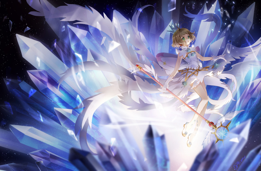 1girl antenna_hair brown_hair card_captor_sakura cat_princess choker crown feathered_wings floating_hair full_body gloves green_eyes holding holding_staff kinomoto_sakura looking_up magical_girl miniskirt open_mouth short_hair skirt sleeveless solo staff strapless white_gloves white_skirt white_wings wings