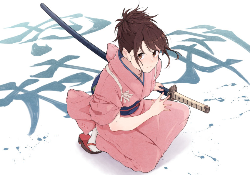 brown_eyes brown_hair character_name gintama highres japanese_clothes kimono kneeling kobaji looking_at_viewer paint_splatter sandals sheath sheathed shimura_tae tasuki