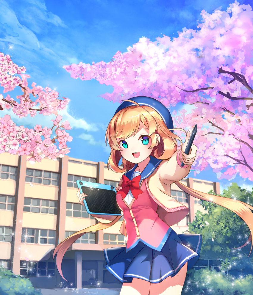 1girl absurdres ahoge blonde_hair blue_eyes blue_hat blue_skirt blush bow breasts character_request copyright_request hat highres long_hair looking_at_viewer medium_breasts open_mouth outdoors red_bow school skirt smile solo stellarism stylus tablet twintails very_long_hair