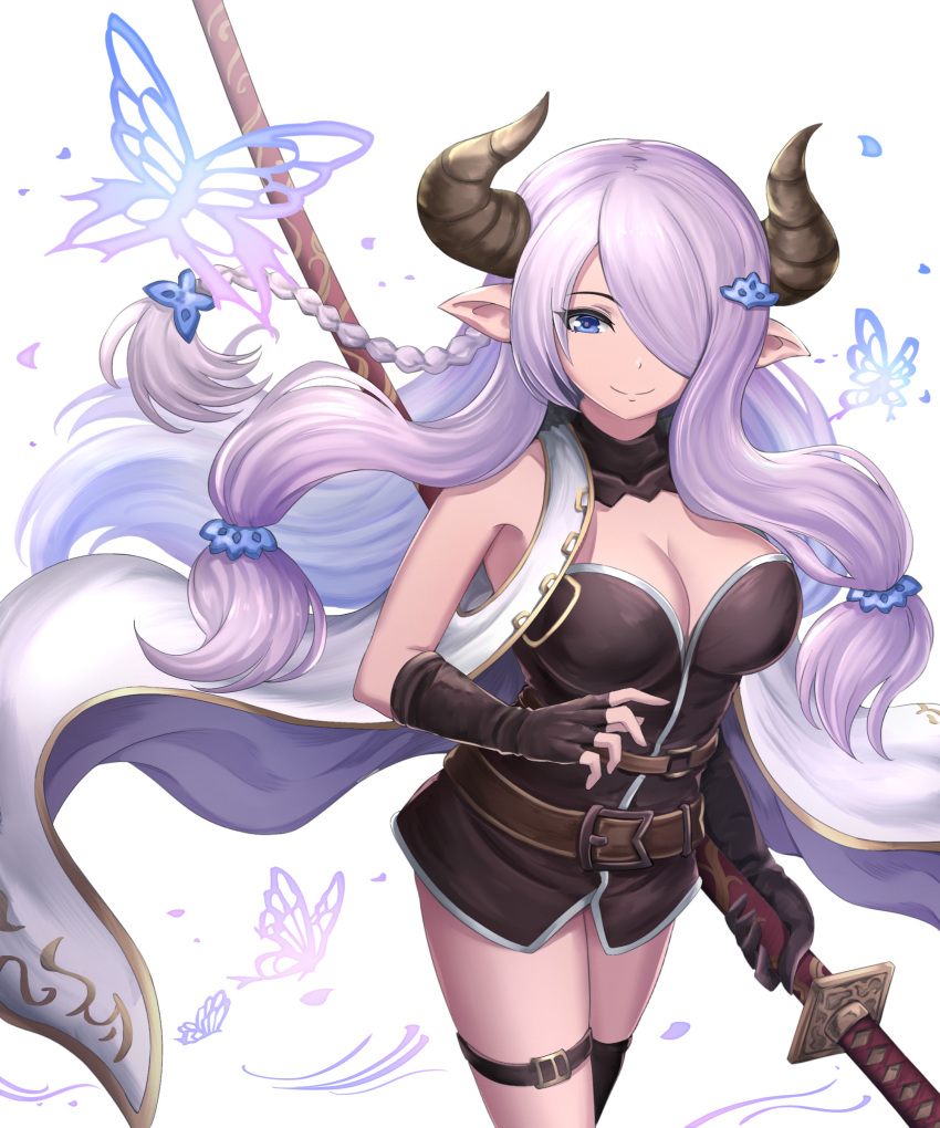 1girl absurdres asymmetrical_gloves belt black_gloves black_legwear blue_eyes braid breasts bug butterfly butterfly_hair_ornament cleavage draph elbow_gloves fingerless_gloves gloves granblue_fantasy hair_ornament hair_over_one_eye highres holding holding_weapon horns insect katana large_breasts lavender_hair long_hair looking_at_viewer low_tied_hair narmaya_(granblue_fantasy) pointy_ears sheath sheathed simple_background single_braid single_elbow_glove single_fingerless_glove single_thighhigh sleeveless smile solo sword thigh-highs thigh_strap weapon white_background yuki7128