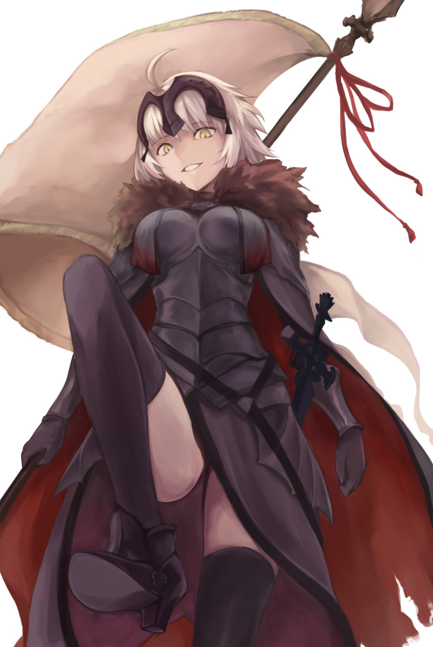1girl ahoge armor armored_dress banner bk201 black_dress black_gloves black_legwear breasts cape dress eyebrows_visible_through_hair fate/grand_order fate_(series) from_below gloves grin high_heels highres holding holding_weapon jeanne_d'arc_(alter)_(fate) jeanne_d'arc_(fate)_(all) looking_at_viewer medium_breasts sheath sheathed short_hair silver_hair simple_background smile solo sword thigh-highs weapon white_background yellow_eyes
