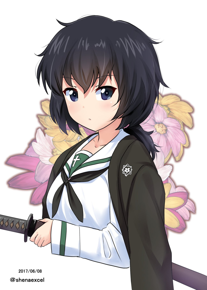 1girl bangs black_eyes black_hair black_neckwear blouse closed_mouth commentary_request cropped_torso dated excel_(shena) floral_background flower_request girls_und_panzer haori highres holding holding_sword holding_weapon japanese_clothes katana light_frown long_sleeves looking_at_viewer medium_hair messy_hair neckerchief no_eyewear ooarai_school_uniform oryou_(girls_und_panzer) school_uniform serafuku short_ponytail solo standing sword twitter_username upper_body weapon white_background white_blouse