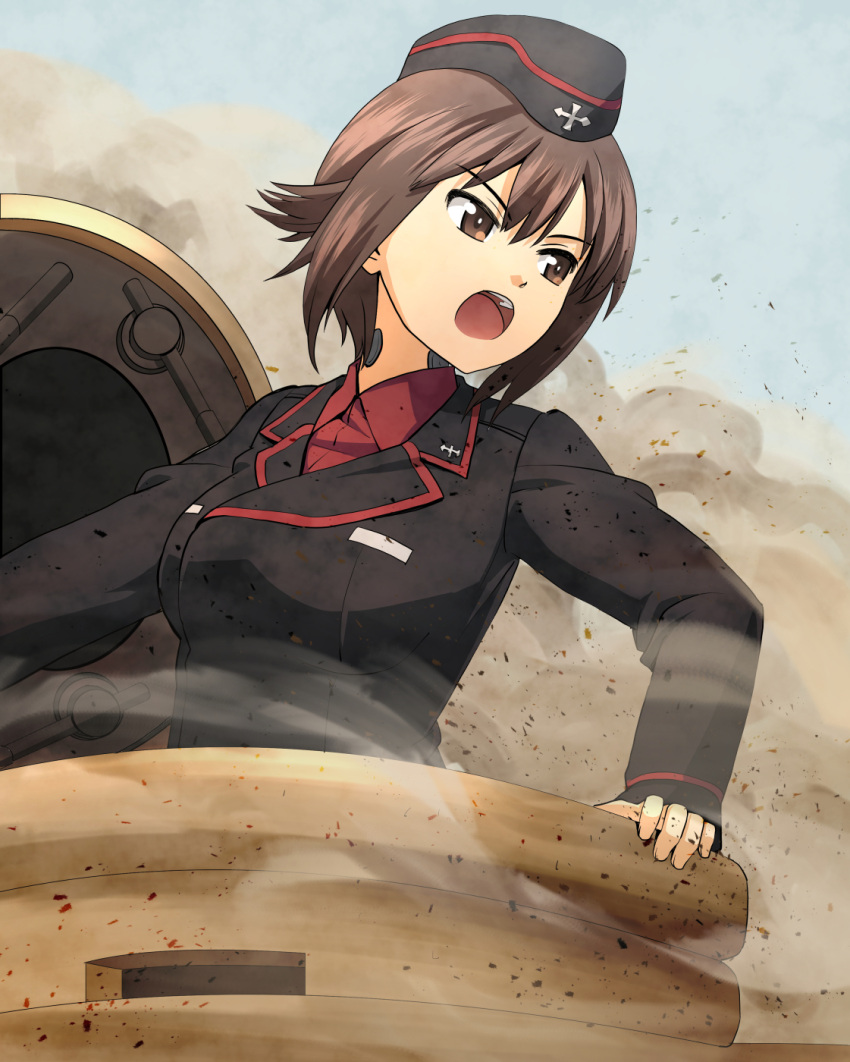 1girl arm_support bangs black_hat black_jacket brown_eyes brown_hair commentary_request dress_shirt dust_cloud garrison_cap girls_und_panzer haniwa_(leaf_garden) hat highres jacket kuromorimine_military_uniform long_sleeves looking_to_the_side military military_hat military_uniform nishizumi_maho outdoors red_shirt shirt short_hair sky smoke solo tank_cupola throat_microphone uniform v-shaped_eyebrows