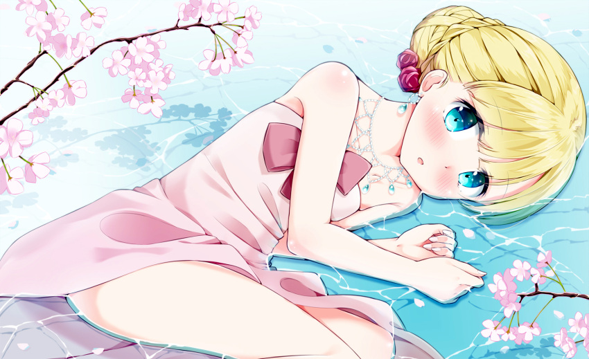 1girl bare_shoulders blonde_hair blue_eyes blush bow braid cherry_blossoms chestnut_mouth dress earrings hair_bun hair_up highres jewelry looking_at_viewer lying necklace on_side pink_dress reflection solo tada-kun_wa_koi_wo_shinai teresa_wagner wari_(nirodo26) water