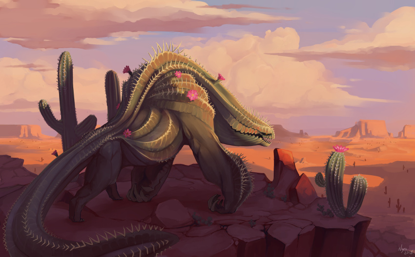 absurdres animalization cactus clouds cloudy_sky commentary desert english_commentary green_skin highres monster no_humans nyxdruid original oversize_forearms sharp_teeth sky solo spikes teeth