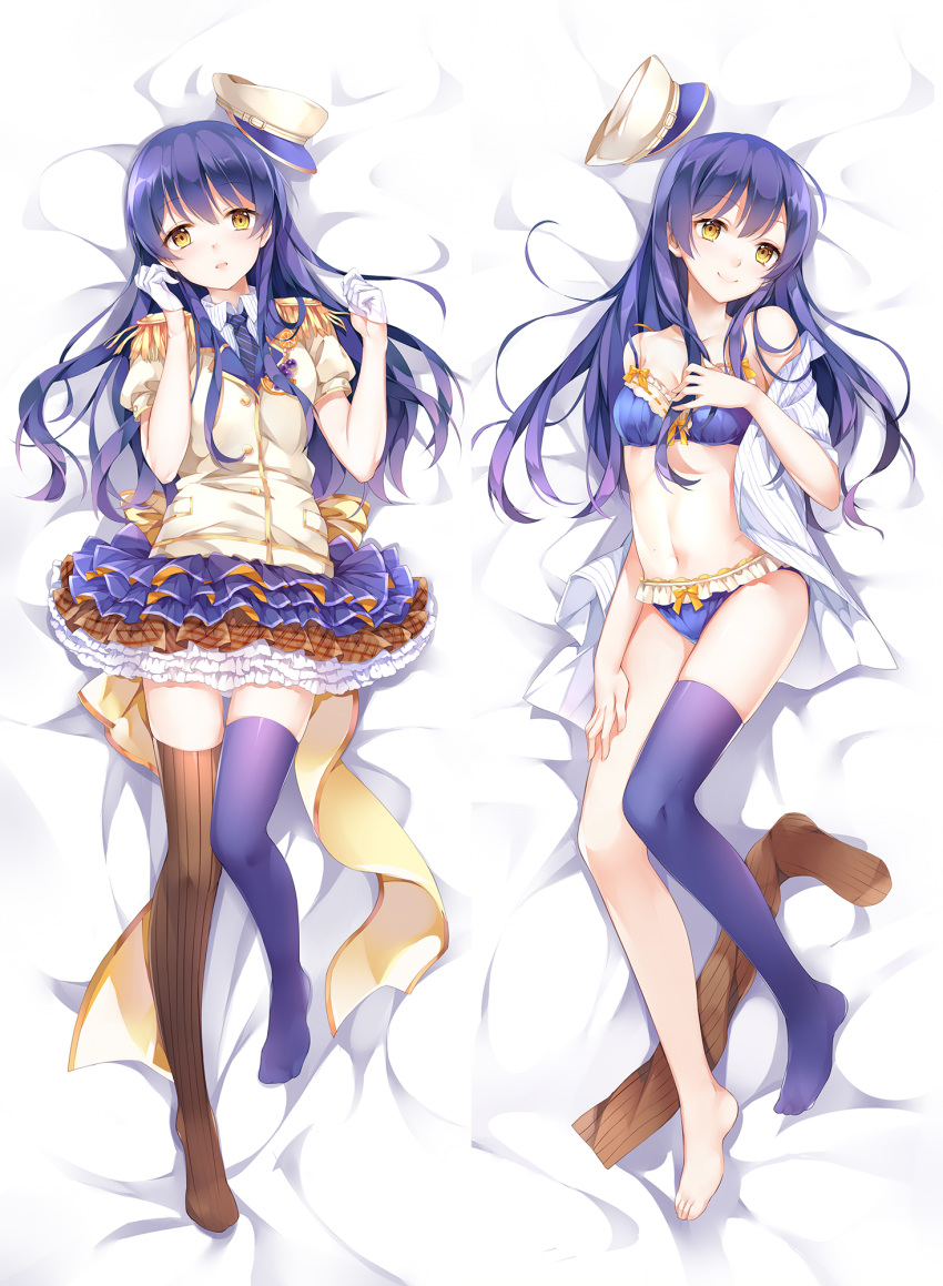 1girl bangs bed_sheet blue_bra blue_legwear blue_panties blush bra breasts commentary_request dakimakura epaulettes eyebrows_visible_through_hair from_above full_body gloves hair_between_eyes half_gloves hand_on_own_chest hand_on_own_thigh hat hat_removed headwear_removed highres long_hair looking_at_viewer love_live! love_live!_school_idol_festival love_live!_school_idol_project lying multiple_views navel necktie no_shoes on_back open_mouth panties pleated_skirt ribbon shirt single_thighhigh skirt small_breasts smile solo sonoda_umi striped striped_legwear striped_shirt tei_(52137) thigh-highs thigh_gap thighhighs_removed underwear white_gloves yellow_eyes