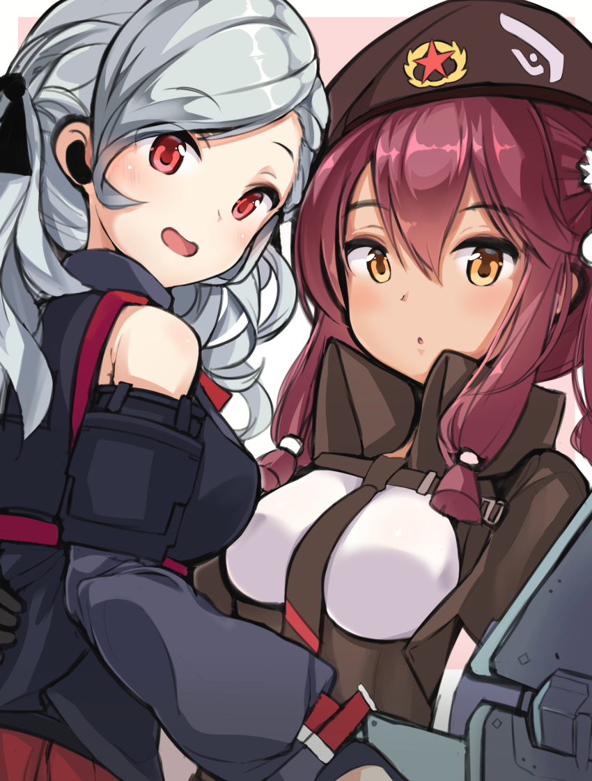 2girls :d :o beret black_ribbon blue_jacket blush breasts brown_eyes brown_hat brown_jacket commentary girls_frontline hair_ribbon hat highres jacket long_hair looking_at_viewer looking_to_the_side medium_breasts multiple_girls ohshit open_mouth parted_lips pink_background pleated_skirt red_eyes red_skirt redhead ribbon saiga-12_(girls_frontline) silver_hair skirt smile spas-12_(girls_frontline) star two-tone_background white_background