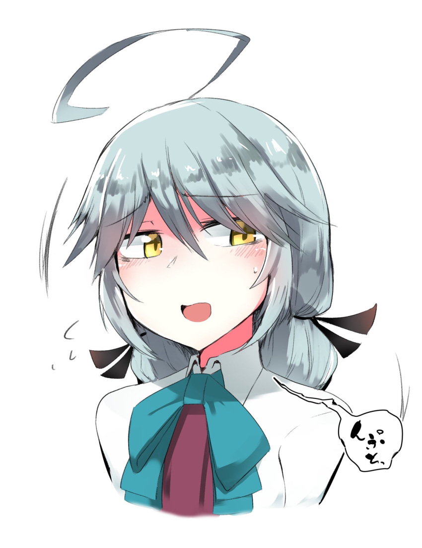 1girl ahoge blue_neckwear blush bow bowtie commentary_request dai_yasude flying_sweatdrops grey_hair hair_between_eyes hair_in_face hair_ribbon hamanami_(kantai_collection) highres kantai_collection long_hair looking_away open_mouth portrait ribbon shirt simple_background solo white_background white_shirt yellow_eyes