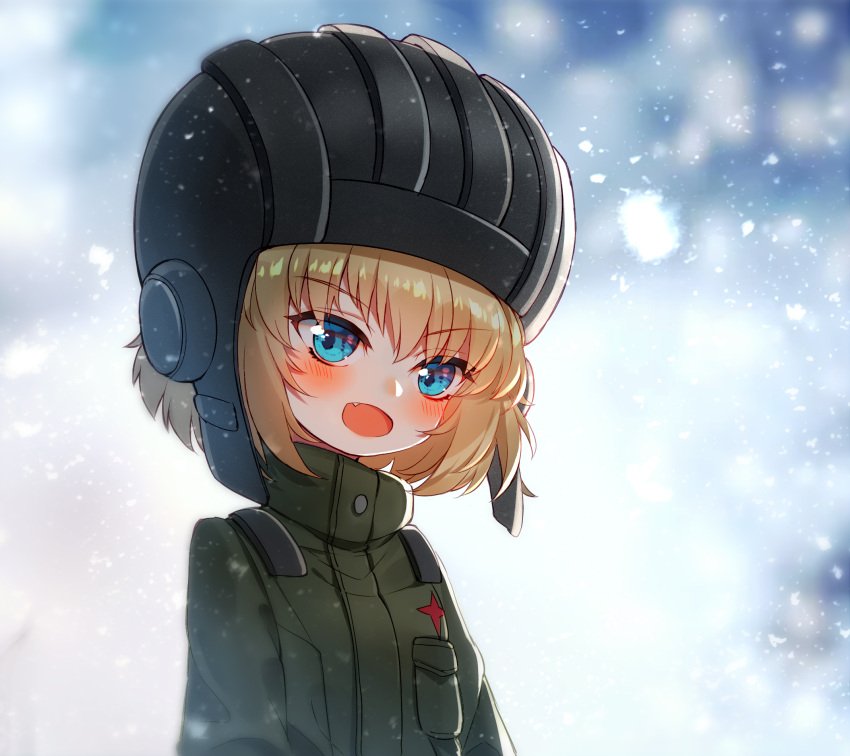 1girl :d bangs baocaizi blonde_hair blue_eyes blush commentary_request eyebrows_visible_through_hair fang girls_und_panzer green_jacket hair_between_eyes head_tilt helmet highres jacket katyusha long_hair looking_at_viewer military_jacket open_mouth outdoors pravda_military_uniform smile snowing solo v-shaped_eyebrows