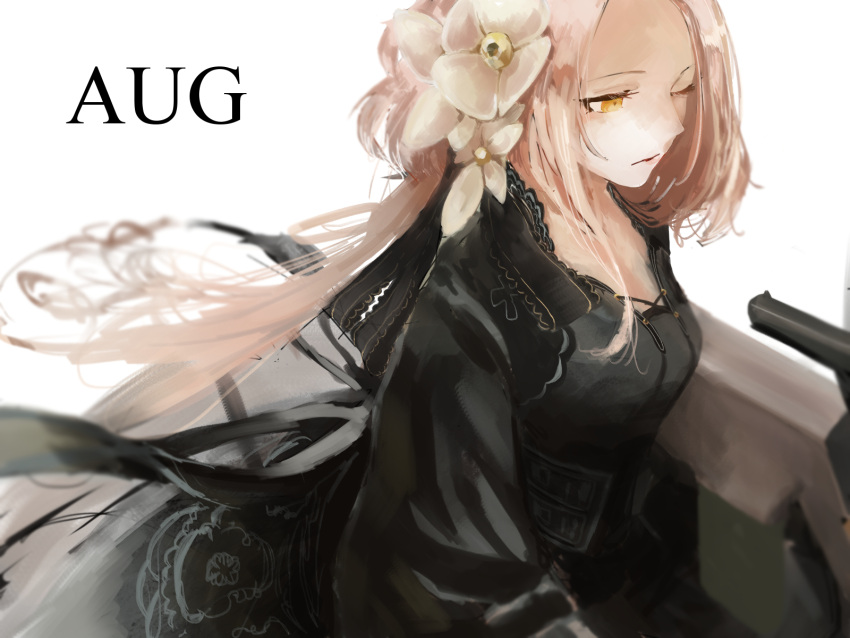 1girl assault_rifle bangs black_dress boots breasts bullpup character_name cleavage closed_mouth collarbone dress expressionless flower girls_frontline gun hair_between_eyes hair_flower hair_ornament hair_ribbon highres holding holding_gun holding_weapon long_hair looking_away low-tied_long_hair mitori mole mole_under_eye one_eye_closed orange_eyes ribbon rifle sidelocks simple_background steyr_aug steyr_aug_(girls_frontline) thigh-highs thigh_boots thighs weapon white_background