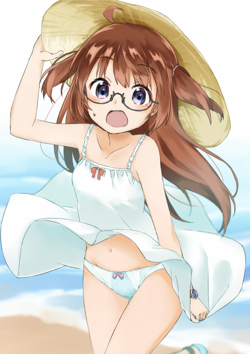 1girl ahoge arm_up bangs bare_arms bare_shoulders beach black-framed_eyewear blue_eyes blue_footwear blue_panties blurry blurry_background blush bow bow_panties breasts brown_hair collarbone commentary_request day depth_of_field dress dress_lift eyebrows_visible_through_hair glasses hair_between_eyes hand_on_headwear hat highres long_hair looking_at_viewer navel ocean open_mouth original outdoors panties sand sekira_ame semi-rimless_eyewear sleeveless sleeveless_dress small_breasts solo standing standing_on_one_leg straw_hat sundress sweat two_side_up under-rim_eyewear underwear very_long_hair watch watch water white_dress wind wind_lift