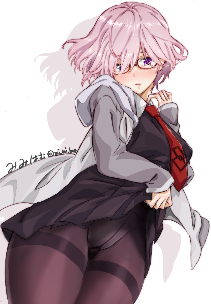 1girl black_dress black_legwear blush commentary_request dress fate/grand_order fate_(series) glasses hair_over_one_eye highres hood hooded_jacket jacket lifted_by_self long_sleeves mash_kyrielight mi_mi_ham necktie open_mouth panties pantyhose purple_hair short_hair signature skirt skirt_lift solo thighband_pantyhose underwear violet_eyes white_background