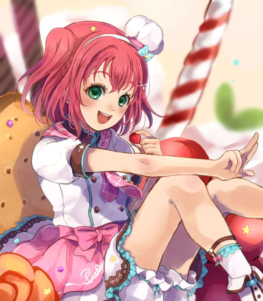 1girl :d absurdres beniko08 bloomers blurry blurry_background blush bobby_socks commentary_request double_bun food frills fruit green_eyes hair_ornament hairband hat highres holding holding_fruit knees_up kurosawa_ruby love_live! love_live!_sunshine!! neckerchief open_mouth pink_neckwear redhead short_hair short_sleeves sitting skirt smile sock_garters socks solo star star_hair_ornament strawberry two_side_up underwear w x_hair_ornament