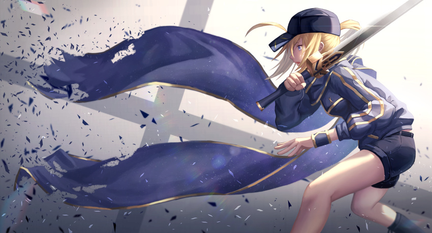 1girl artoria_pendragon_(all) black_hat black_legwear black_shorts blonde_hair blue_jacket blue_scarf fate/grand_order fate_(series) floating_hair from_side hat highres holding holding_sword holding_weapon jacket long_hair mysterious_heroine_x nekoneko_jun2_123 ponytail scarf short_shorts shorts solo sword torn_scarf weapon wrist_cuffs