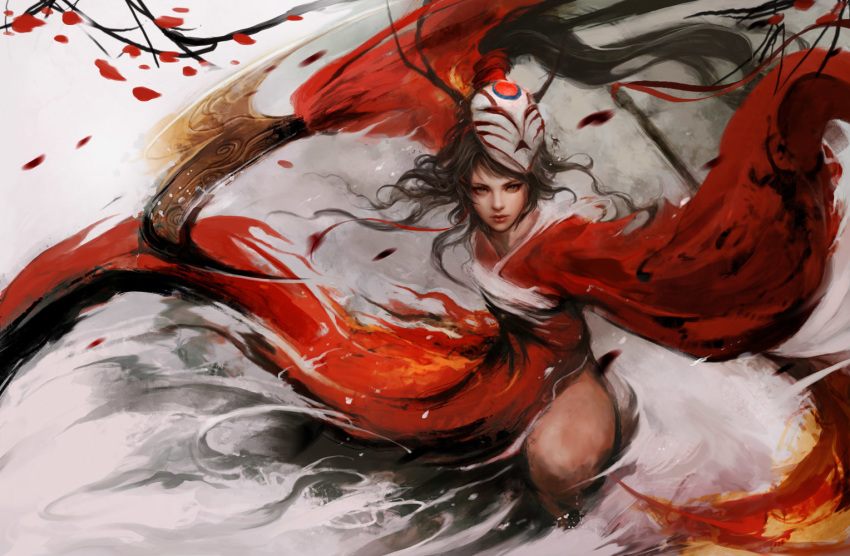 1girl akali alternate_costume antlers blood_moon_akali chinese_clothes commentary dual_wielding eyeliner flat_chest hair_ribbon high_ponytail kama_(weapon) league_of_legends lips long_hair looking_at_viewer makeup mask mask_on_head messy_hair muju nose realistic ribbon sickle solo very_long_hair weapon wide_sleeves yellow_eyes
