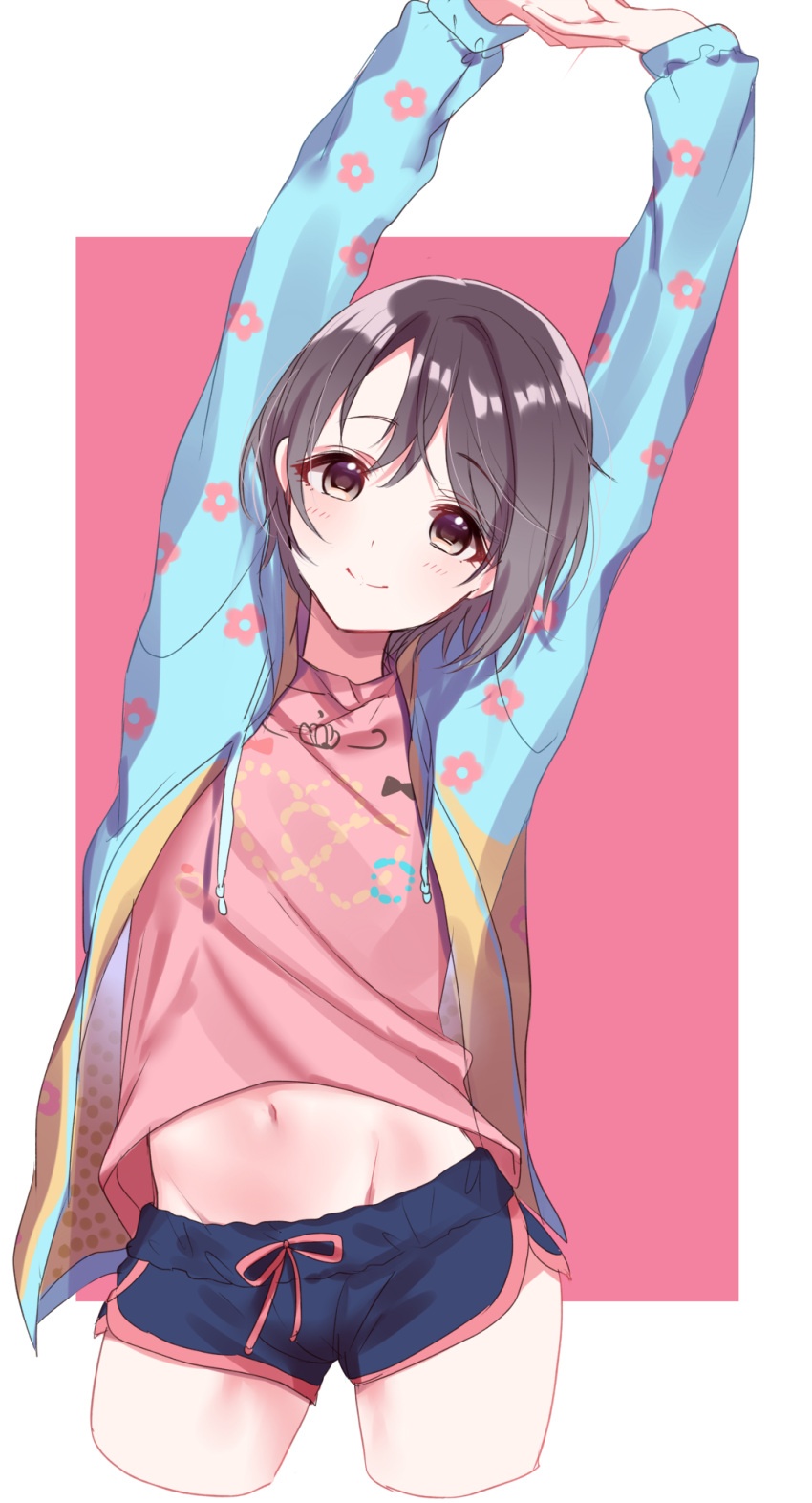 1girl arms_up bare_legs blue_jacket blush bow bow_print boyshorts breasts brown_eyes circle closed_mouth clothes_lift contrapposto cowboy_shot cropped_legs dotted_line eyes_visible_through_hair floral_print gem grey_hair groin gym_shorts hair_between_eyes head_tilt heart highres idolmaster idolmaster_cinderella_girls interlocked_fingers jacket jewelry leaning_to_the_side long_sleeves looking_at_viewer lowleg lowleg_shorts misumi_(macaroni) navel navy_blue_legwear open_clothes open_jacket otokura_yuuki pink_background pink_bow pink_shirt ring shirt shirt_lift short_hair short_shorts shorts small_breasts smile solo standing stretch two-tone_background white_background