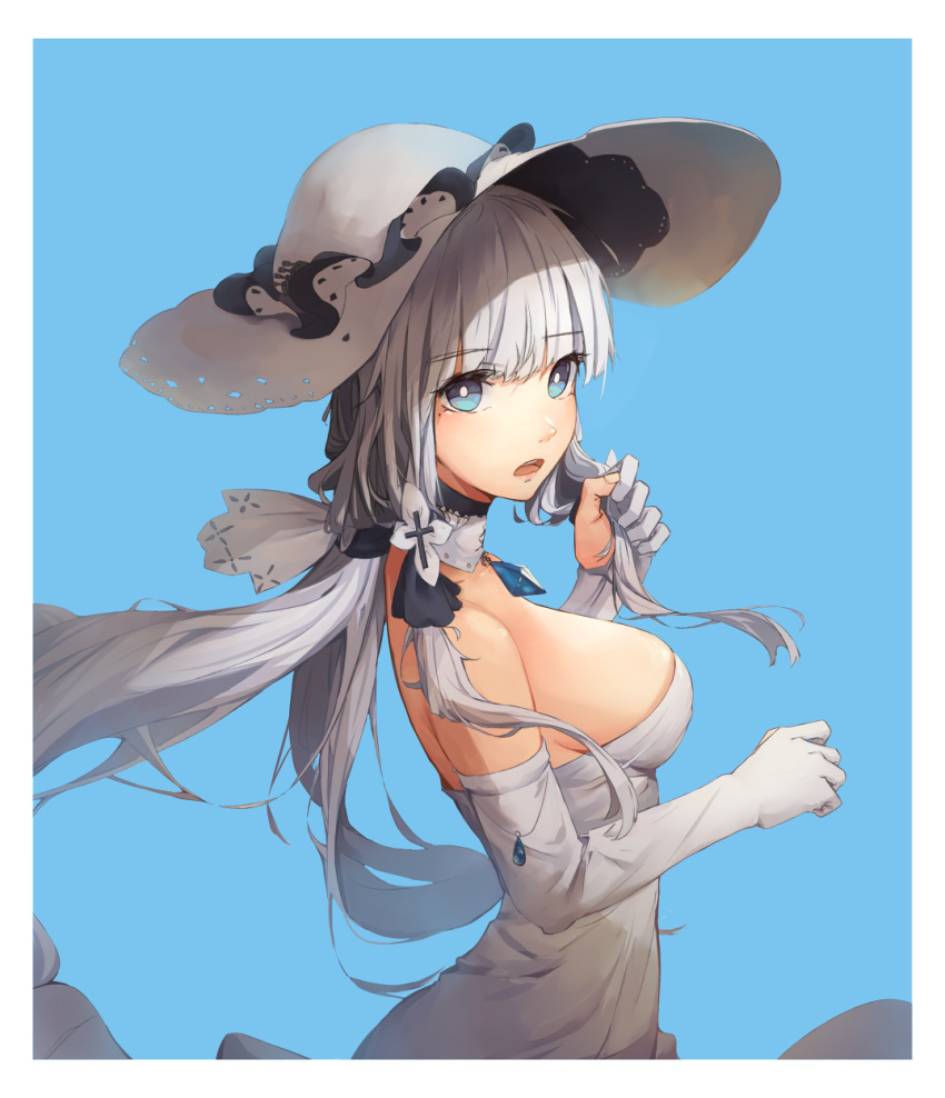 1girl armlet azur_lane bangs blue_background blue_eyes blush breasts choker cleavage dress elbow_gloves eyebrows_visible_through_hair floating_hair from_side gloves hair_ornament hair_ribbon hat highres holding holding_hair illustrious_(azur_lane) jewelry lace-trimmed_hat large_breasts long_hair looking_at_viewer low_twintails mole mole_under_eye nimu_(099) partly_fingerless_gloves pendant ribbon sapphire_(stone) simple_background skindentation smile solo sun_hat tress_ribbon twintails white_dress white_gloves white_hair white_hat