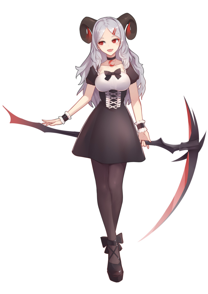 1girl :d bangs black_bow black_choker black_dress black_footwear bow breasts brown_legwear choker collarbone commentary_request crescent cross-laced_clothes curled_horns dress eyebrows_visible_through_hair fang full_body grey_hair hair_intakes hair_ornament hairclip highres holding holding_scythe holding_weapon horns large_breasts legs_together liu_lan long_hair looking_away open_mouth original pantyhose parted_bangs red_eyes scythe shiny shiny_hair shoes short_dress short_sleeves side_glance sidelocks simple_background smile solo standing weapon white_background wrist_cuffs