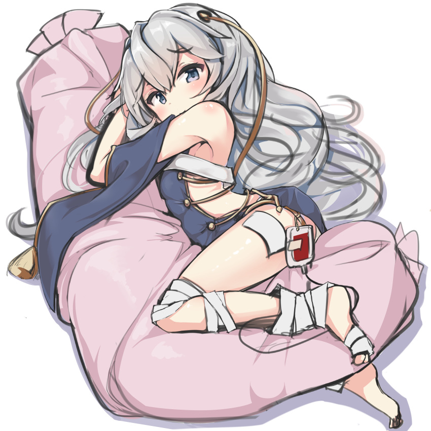 1girl absurdres bandage bandaged_feet bandaged_leg bangs bare_shoulders blue_dress blue_eyes blush breasts closed_mouth commentary dress eyebrows_visible_through_hair girls_frontline hair_between_eyes highres long_hair looking_at_viewer ohshit pillow pillow_hug ribeyrolles_1918_(girls_frontline) short_sleeves silver_hair sleeveless sleeveless_dress small_breasts solo thighs very_long_hair white_background wide_sleeves