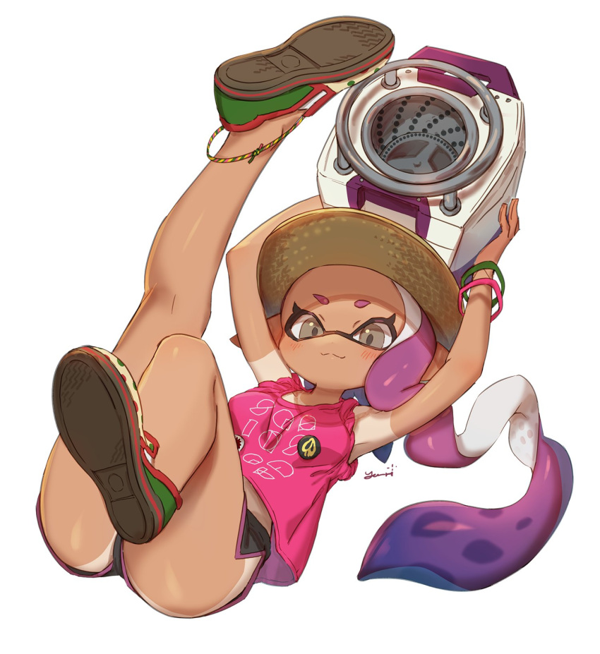 1girl :3 arms_up bare_legs blush breasts dark_skin domino_mask full_body grey_eyes hat highres inkling leg_up legs looking_at_viewer mask purple_hair shirt shoes short_shorts shorts simple_background sleeveless sleeveless_shirt smile splatoon tan tanline tentacle_hair wavy_mouth white_background yu-ri