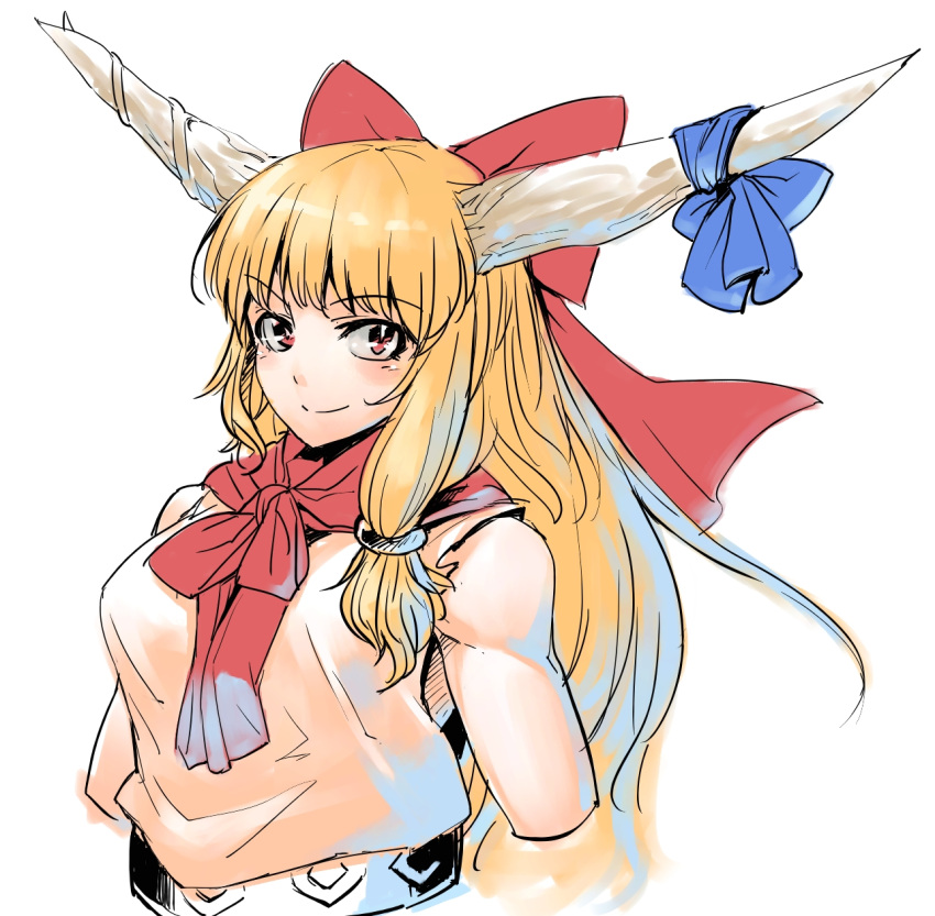 1girl anchors bangs bare_shoulders blue_ribbon bow breasts bright_pupils closed_mouth cropped_arms cropped_torso eyebrows eyebrows_visible_through_hair facing_away hair_bow hair_over_shoulder highres horn_ribbon horns ibuki_suika large_breasts long_hair oni oni_horns orange_hair red_bow red_eyes ribbon shirt sleeveless sleeveless_shirt smile solo touhou upper_body white_pupils white_shirt