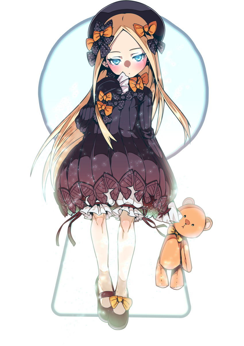 1girl abigail_williams_(fate/grand_order) absurdres black_bow black_dress black_footwear black_hat blonde_hair bloomers blue_eyes bow dress expressionless fate/grand_order fate_(series) full_body hair_bow hat highres holding holding_stuffed_animal keyhole long_hair looking_at_viewer mary_janes mioshi_(vixis340) orange_bow shoes sleeves_past_wrists solo standing stuffed_animal stuffed_toy teddy_bear underwear white_bloomers