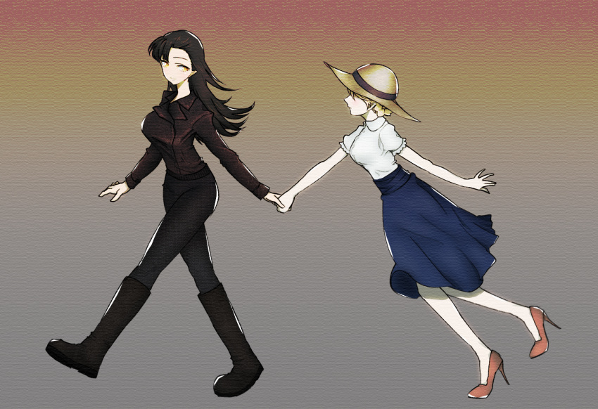 2girls asymmetrical_bangs bangs black_footwear black_jacket black_pants blonde_hair blue_skirt boots braid brown_hat closed_mouth darjeeling frilled_sleeves frills from_side girls_und_panzer hand_holding hat high-waist_skirt high_heels jacket knee_boots long_hair long_sleeves looking_at_another looking_back medium_skirt mityubi multicolored multicolored_background multiple_girls nishi_kinuyo pants red_footwear shirt short_hair short_sleeves skirt smile standing standing_on_one_leg sun_hat tied_hair twin_braids walking white_shirt yellow_eyes yuri