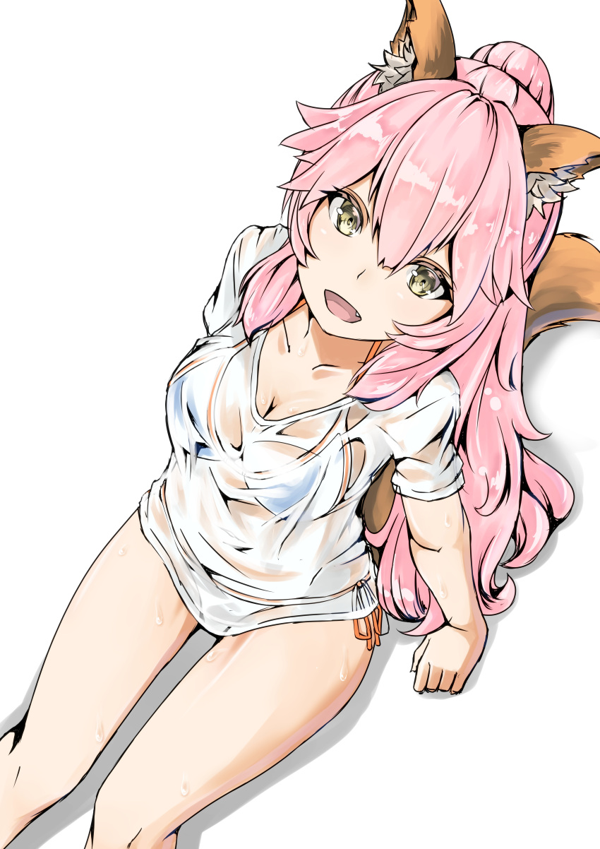 1girl :d absurdres animal_ears arm_support bang bikini breasts cleavage collarbone fang fate/grand_order fate_(series) finger_gun fox_ears fox_tail from_above highres kashikomo_(nykr6512) long_hair looking_at_viewer medium_breasts open_mouth pink_hair ponytail see-through shirt side-tie_bikini simple_background sitting smile solo swimsuit tail tamamo_(fate)_(all) tamamo_no_mae_(swimsuit_lancer)_(fate) very_long_hair water white_background white_shirt yellow_eyes