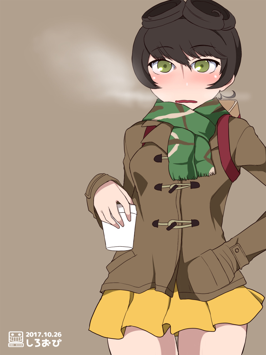 1girl 2017 alternate_costume brown_hair coffee_cup cup dated disposable_cup eyebrows_visible_through_hair girls_und_panzer green_eyes hair_between_eyes hand_in_pocket highres hosomi_(girls_und_panzer) jacket shiroobi_(whitebeltmaster) skirt solo steam thigh_gap winter_clothes yellow_skirt